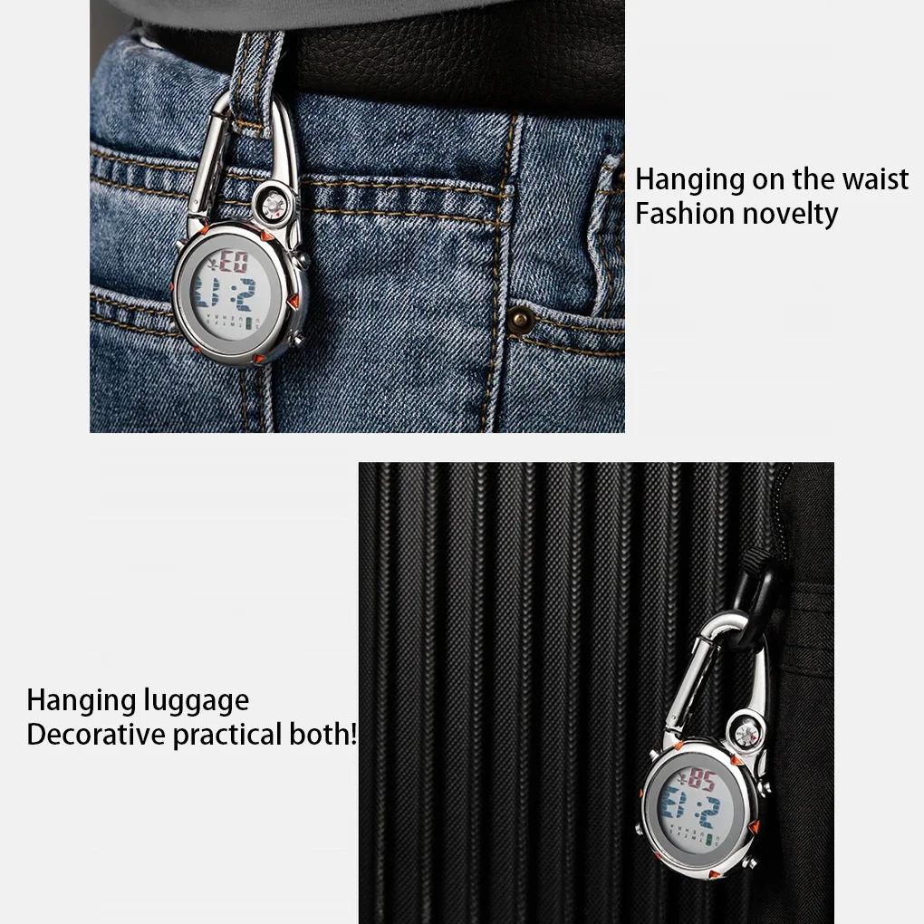 Multifunctional Electronic Pocket Watch with Carabiner Waist Watch Luminous Pocket Watch Compasses Outdoor Sports Backpack