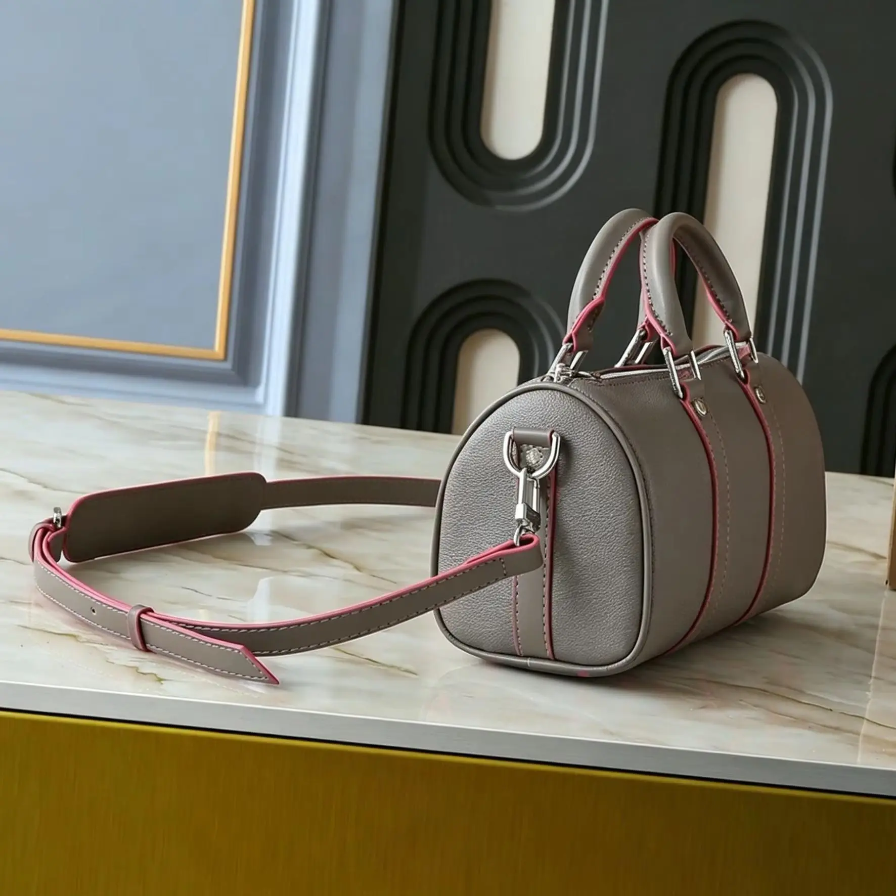 Elephant Grey Contrast Pink Mini Boston Bag, Luxury Multi-Way Barrel Handbag