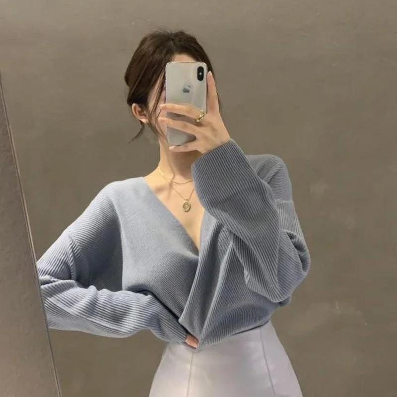 Pullovers Women Autumn Solid Sweaters Criss-Cross Korean Style Elegant Warm Spring Daily All-match V-neck Office Lady Casual New