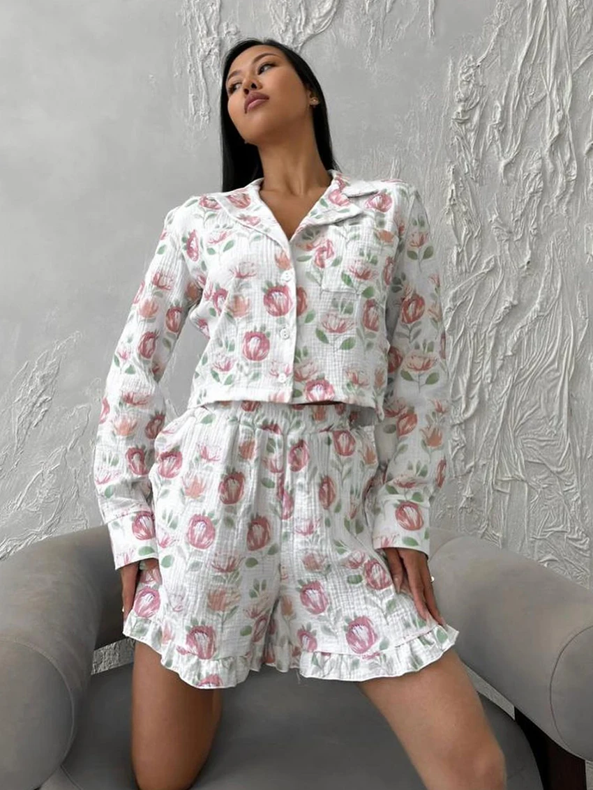 

Marthaqiqi Cotton Women Pajamas Suit Long Sleeve Sleepwear Turn-Down Collar Nightie Crop Top Nightwear Shorts Ladies Pyjamas Set