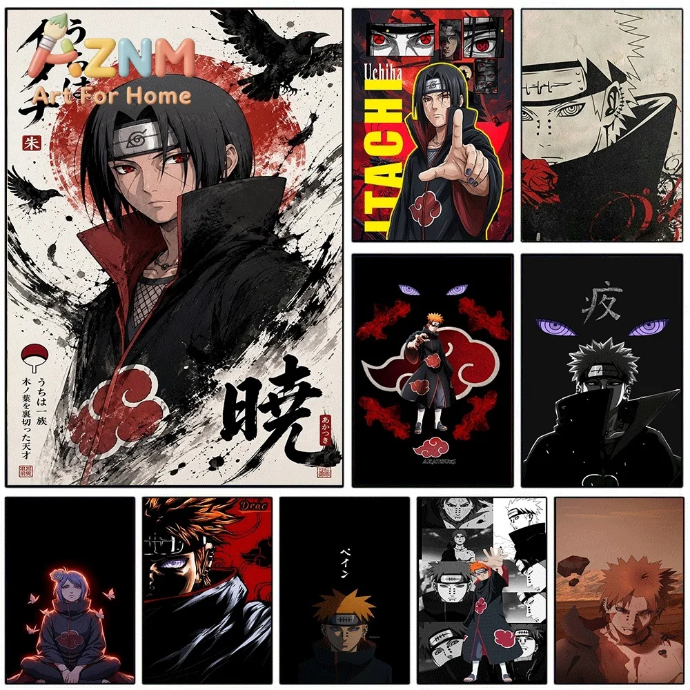 Anime Naruto Canvas Wall Art Itachi Uchiha Akatsuki Red Cloud Crow Japanese Ink Style Poster Unframed Canvas Painting Bedroom