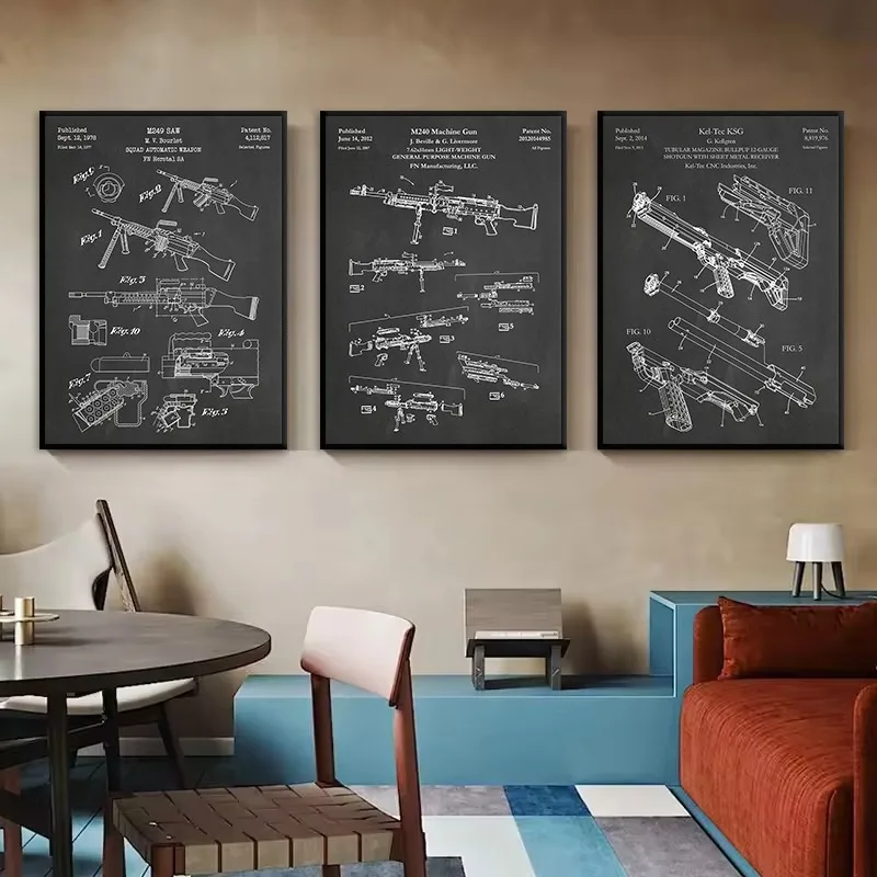 Vintage Weapons and Military Patent Poster Firearms Fighter Jets Tanks Structure Canvas Painting Wall Art for Room Home Decor