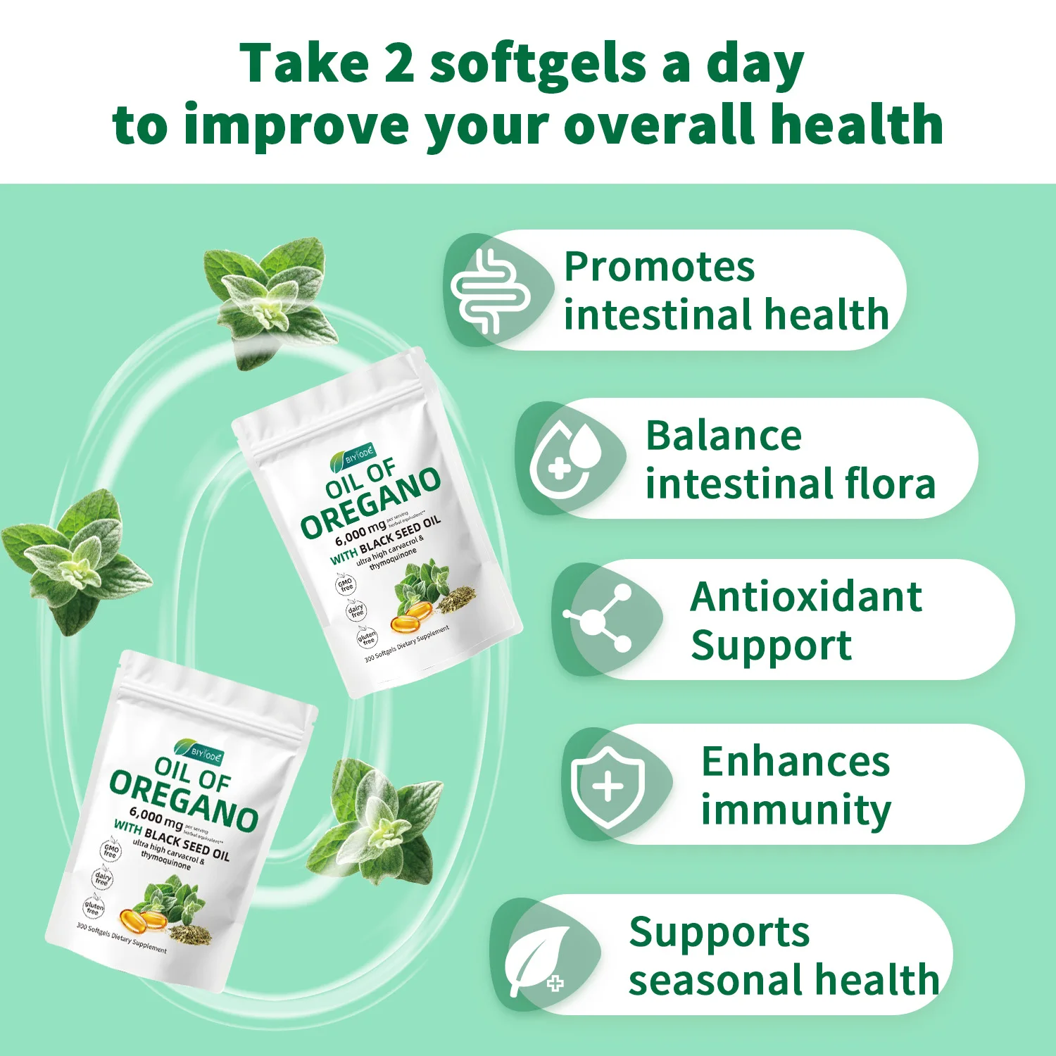 2 in 1 Oil of Oregano Softgels 6000mg & Black Seed Oil 200mg Supplement Capsules Health Benefits 300 Softgels per Bottle