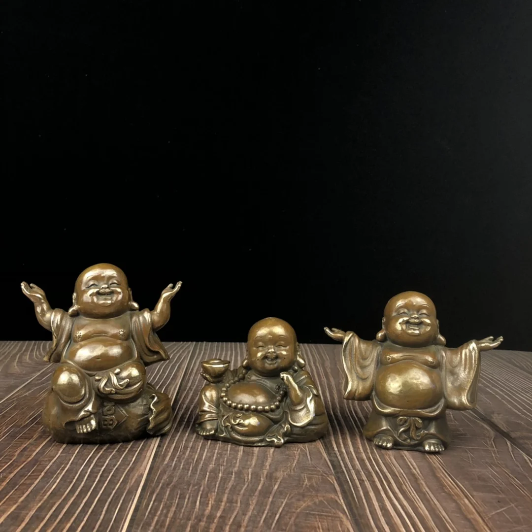 

5"Tibetan Temple Collection Old Brass Cinnabar Aacolyte Maitreya Baby Buddha Monk Amitabha A Set Worship Hall Town house