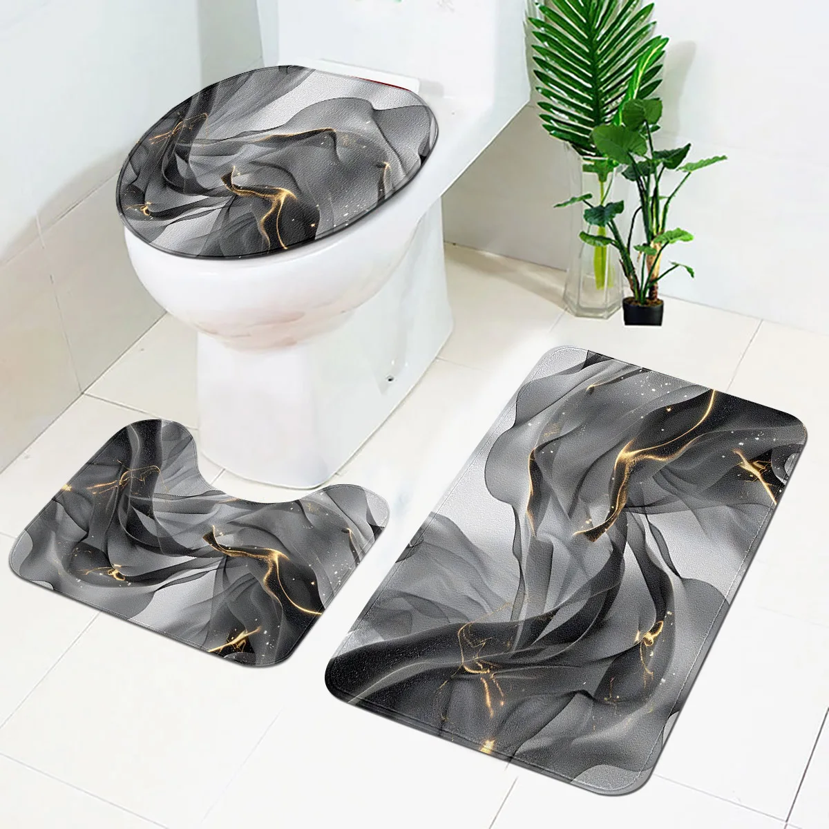 Light Luxury Black Gold Marble Pattern Bathroom Three-Piece Set, Two-Piece Set or Single Piece Available, Non-Slip, Comfortable, Water-Absorbent Toilet Mat, Bathroom Set