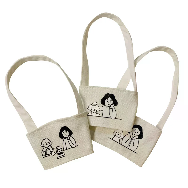 /TPz/Water Bottle Holder Carry Bag Coffee Cup Storage Sleeve Cover Canvas Printing Milk Tea Set Drinking Bottle Strap Portable
