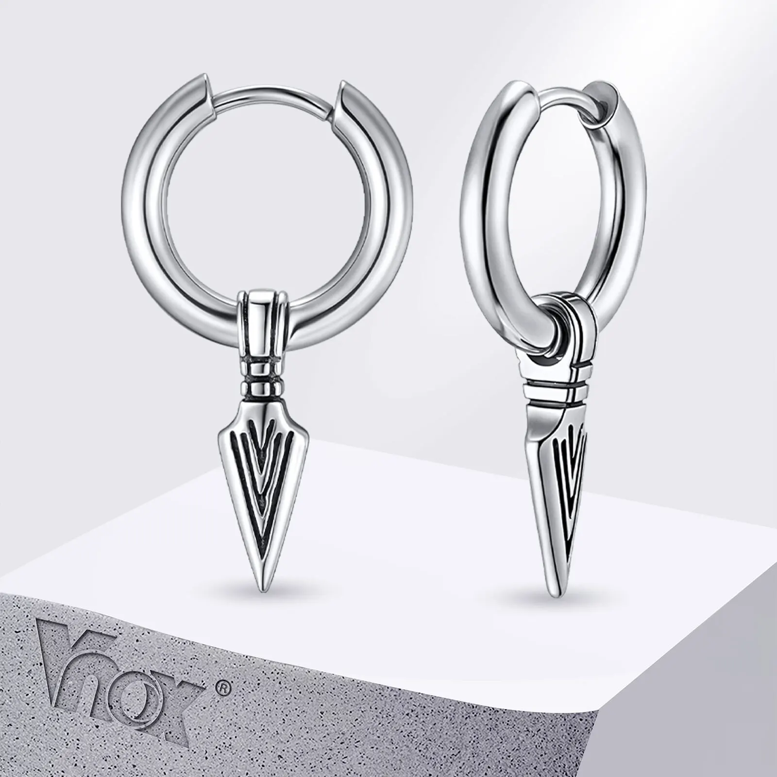 Vnox Men's Punk Triangular Spear Huggie Hoop Earrings, Stainless Steel Anti Allergy Hip Hop Ear Jewelry Accessories Gift for Him