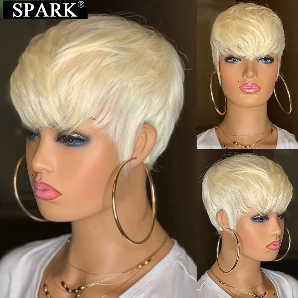 

Дешевые парики 613 Pixie Cut Ombre, 100% бразильские человеческие волосы, полностью сделанные парики с челкой, доступная одежда и парики для повседневного использования