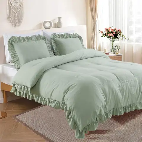 Green Queen Duvet Cover Set – 3-Piece (90"x90" Duvet Cover + 2 Pillowcases), Soft Washed Microfiber, Button Closure, Shabby Chic Bedding