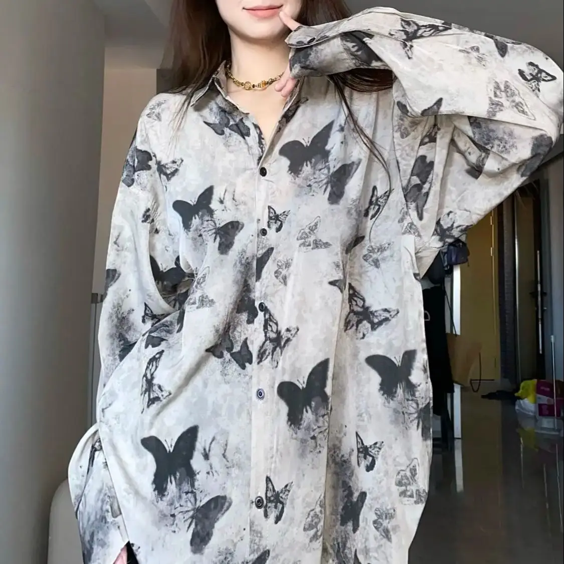 

Tie-Dye Summer Shirts Men And Women Turn-Down Collar Printing Single Breasted Young Style Trend Versatile Loose Long Sleeve Tops