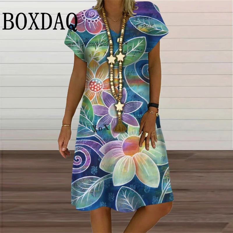 Vestido holgado con estampado de flores en 3D para mujer, ropa Retro informal de manga corta con cuello en V, Estilo Vintage, Verano