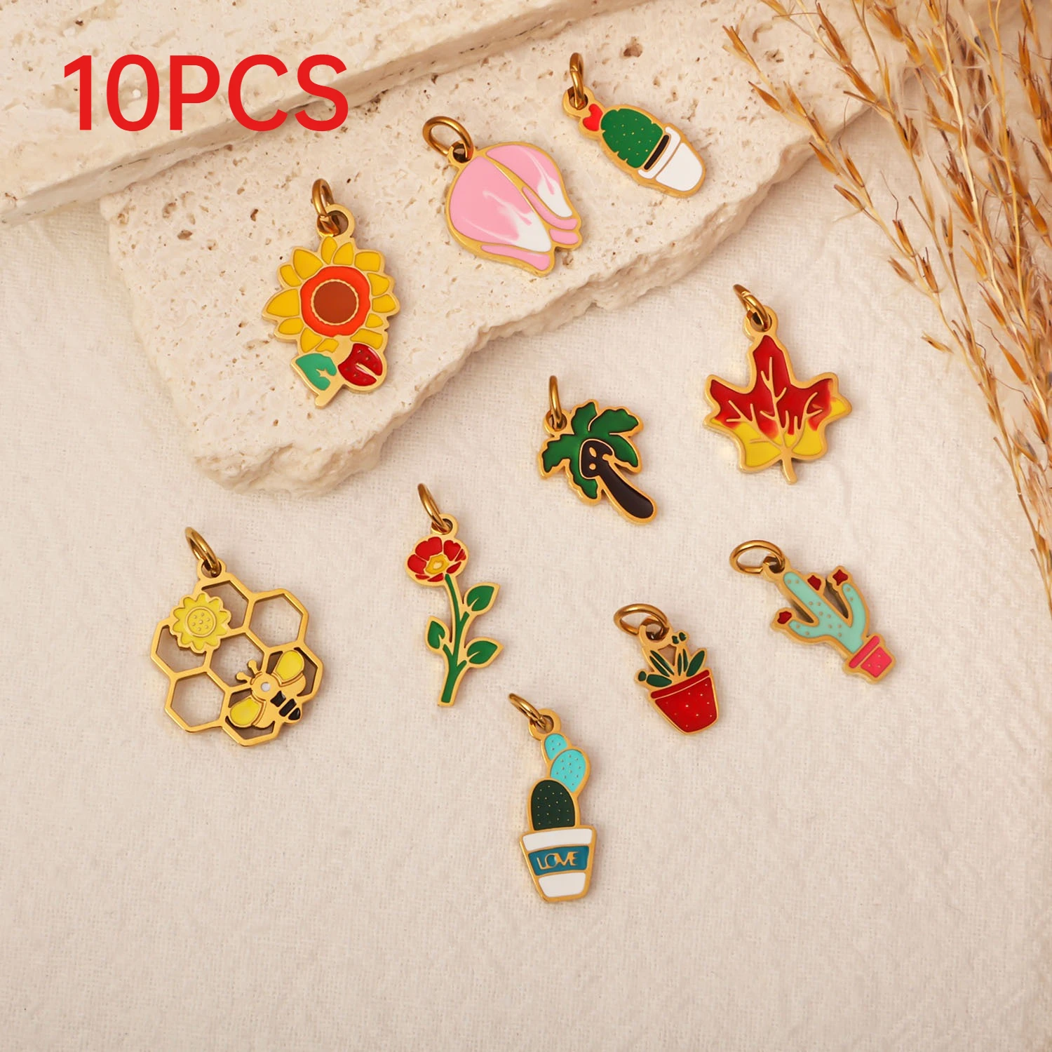 

10Pcs Stainless Steel Plant Charms Enamel Sunflower Cactus Pendants For Jewelry Making