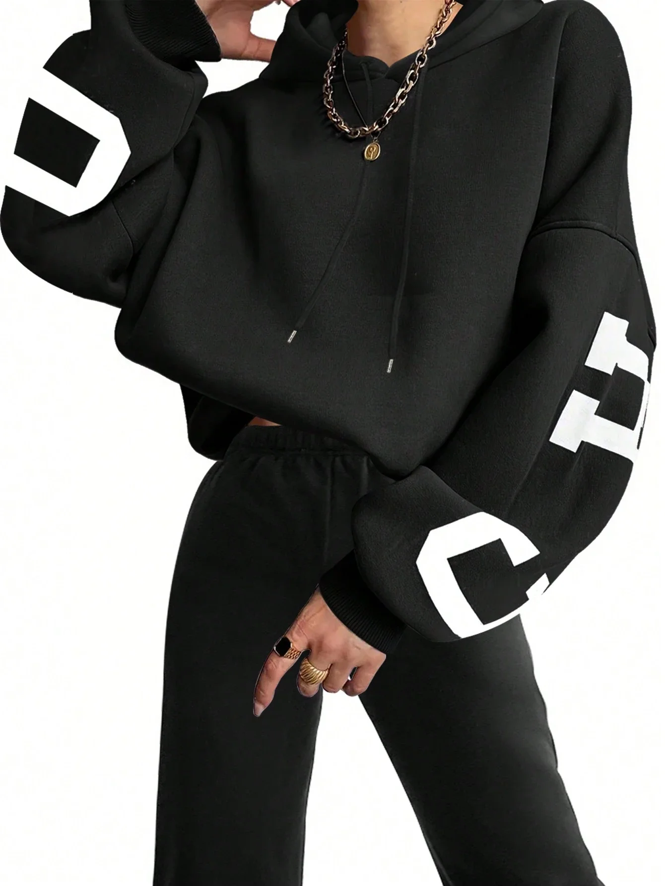 

Женский комплект из худи с принтом и спортивных брюк, повседневный, с эффектом спущенного плеча, из двух предметов