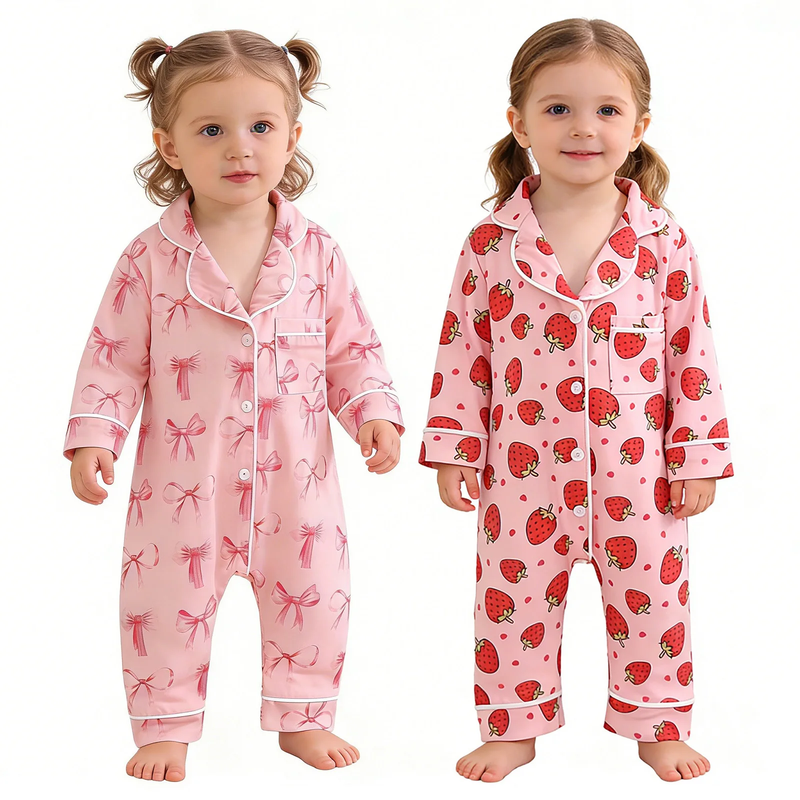 

Baby Girls Clothes Pajama Jumpsuit Cute Strawberry/Bowknot Printed Rompers Long Sleeve Button Bodysuit Infant Homewear Sleepwear