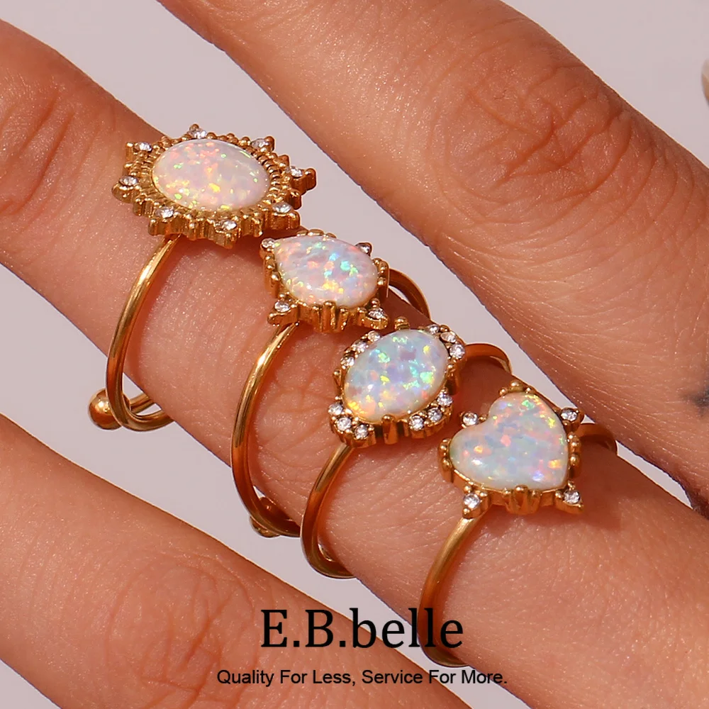 E.B.belle Adjustable Rings For Women Stainless Steel Gold Plated White Natural Opal Stone Rings For Party Wedding Ring