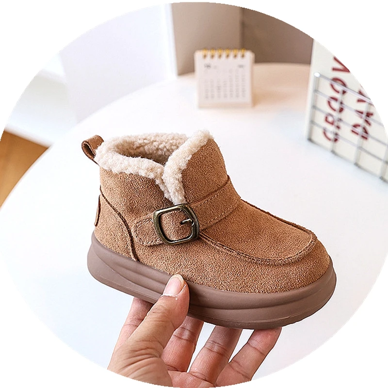 

Brand Cow Suede Snow Boots For Kids Boys Solid Wide Toe Warm Ankle Boots For Toddler Girls Soft Children Warm Walkers