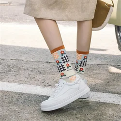 1 Pair Spring New Socks Women Mid Tube Cotton Socks Retro Style Flower Plaid Sen Fun Cartoon Student Pile Socks Cotton Casual
