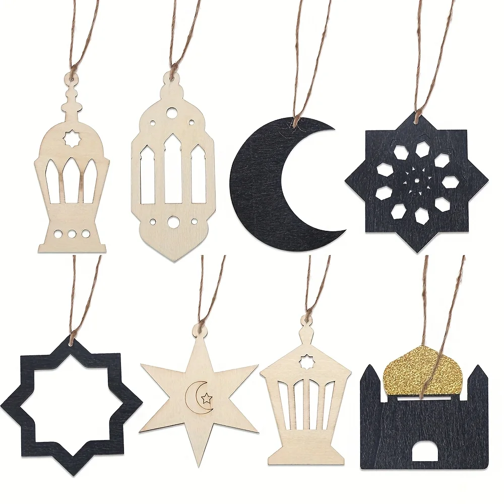 

8pcs Eid Mubarak Muslim Wooden Pendants, Ramadan Moon Decorations, Eid Crafts, Ramadan Mubarak Pendants