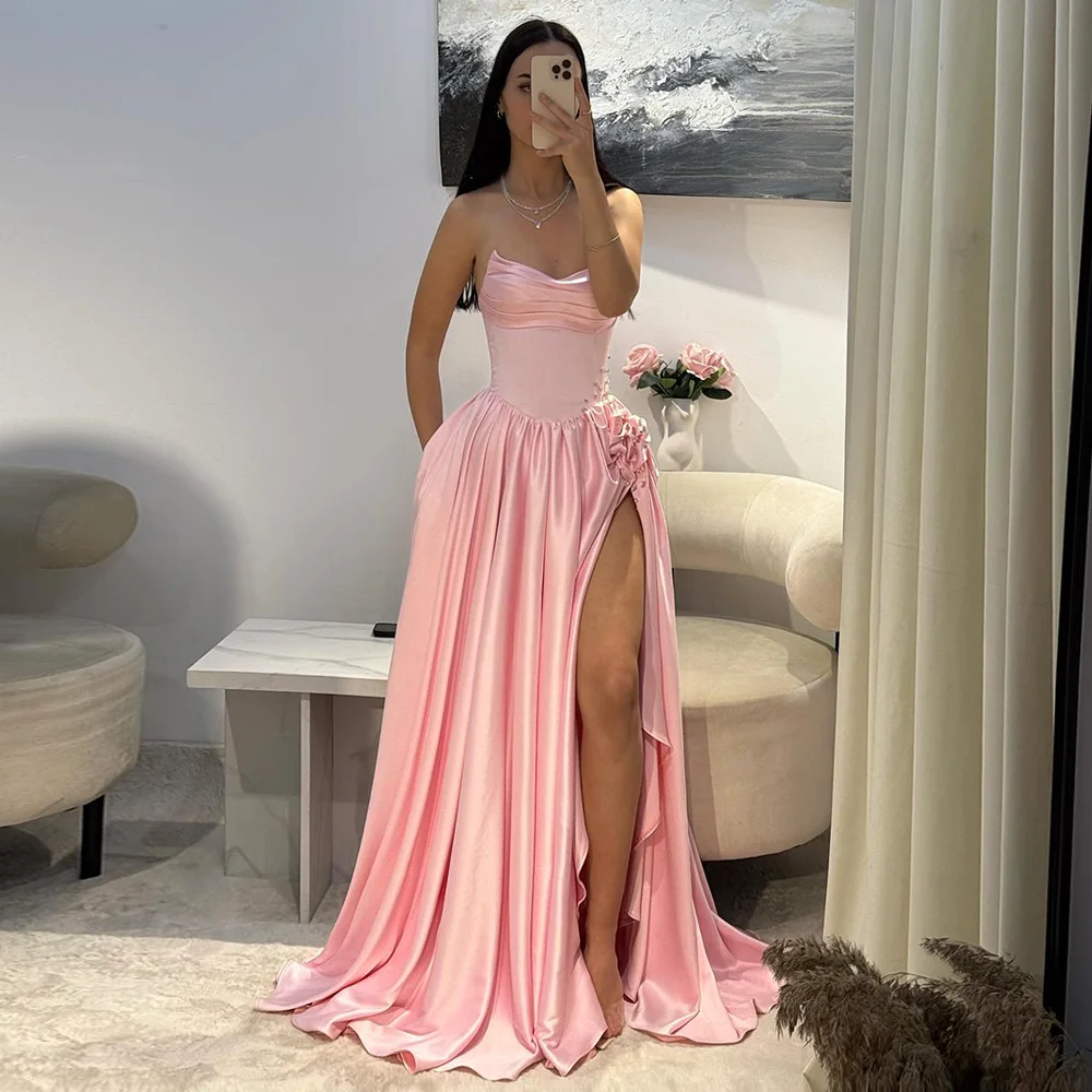 アラビアンイブニングドレス カスタマイズされたスクープネック ノースリーブ クリスタルストーン フラワードレープ ハイスリット Aライン サテン プロムドレス