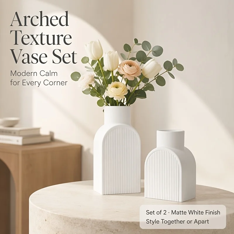 2 Pack White Matte 3D Printed Vase Set, Arched Fluted Ribbed Modern Minimalist Nordic Vases for Dried Flowers Living Room Table