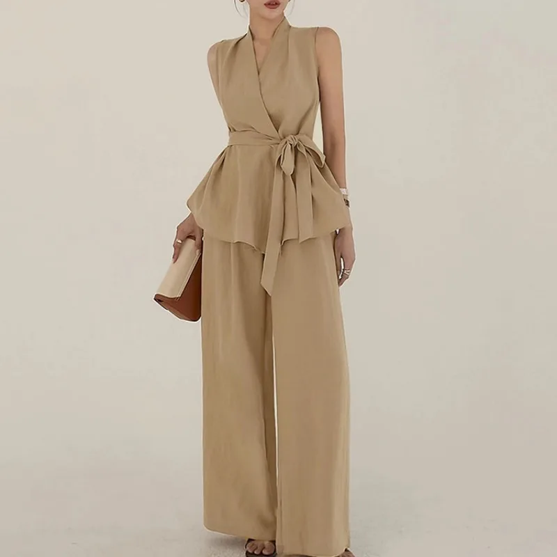 

High End 100% Cotton Halter Shirt Pants 2 Two Pieces Set Women Summer Lacing Up Tank Tops and Elastic High Waist Trousers
