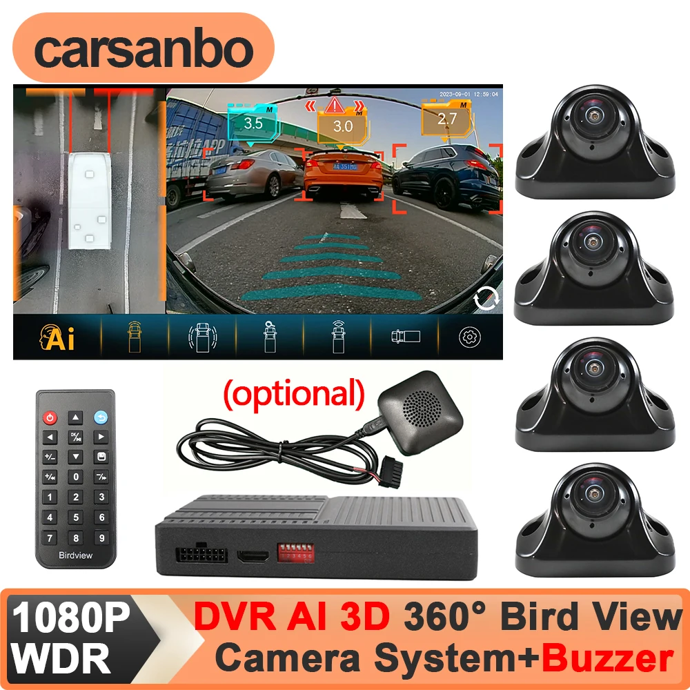 Carsanbo AI 360 Degree Bird View Car Camera 4CH AHD 1080P WDR Night Vision IP68 Cameras 3D Surround View System for RV Bus Truck