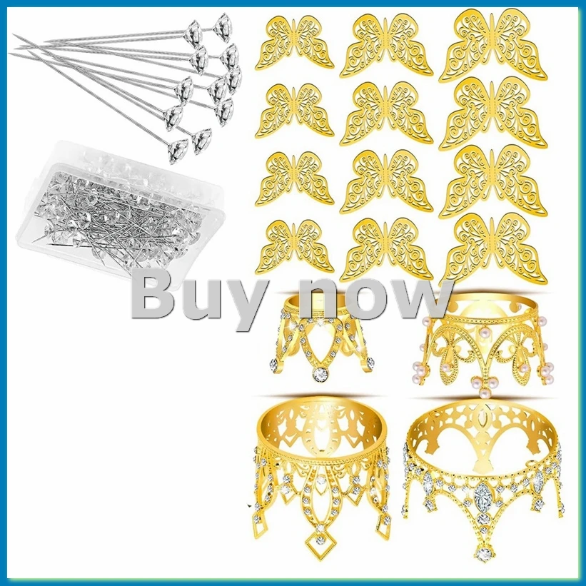 

Золотые короны для аксессуаров для букетов цветов, топпер для коронок для торта из 4 предметов, 12 украшений в виде бабочек и 50 шт. цветочных булавок-ABHG