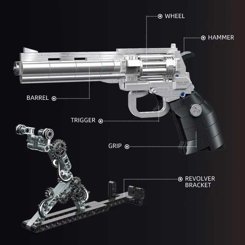 631 Pcs Mechanical Rose Revolver MOC Kit, Intricate DIY Steampunk Artifact for Office Decor, Great Challenging Gift for All Ages