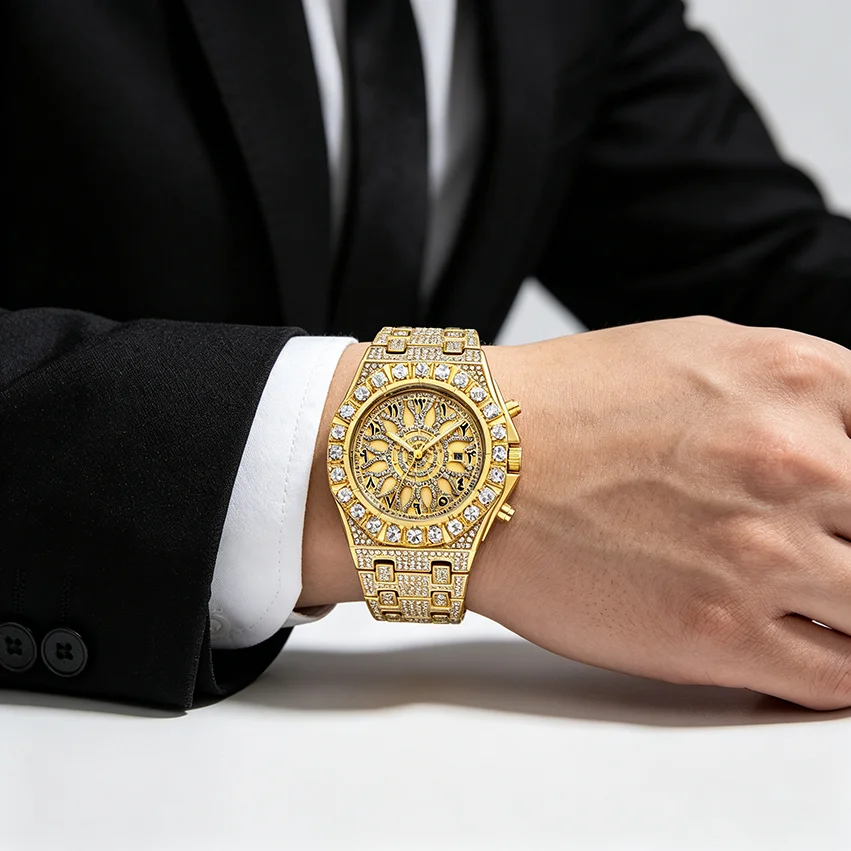 Mens Iced Out Watch Full Rhinestone Gold Dial, Hip Hop Bling Quartz Wristwatch, Rapper Classic Trendy Sparkling Pave Bracelet