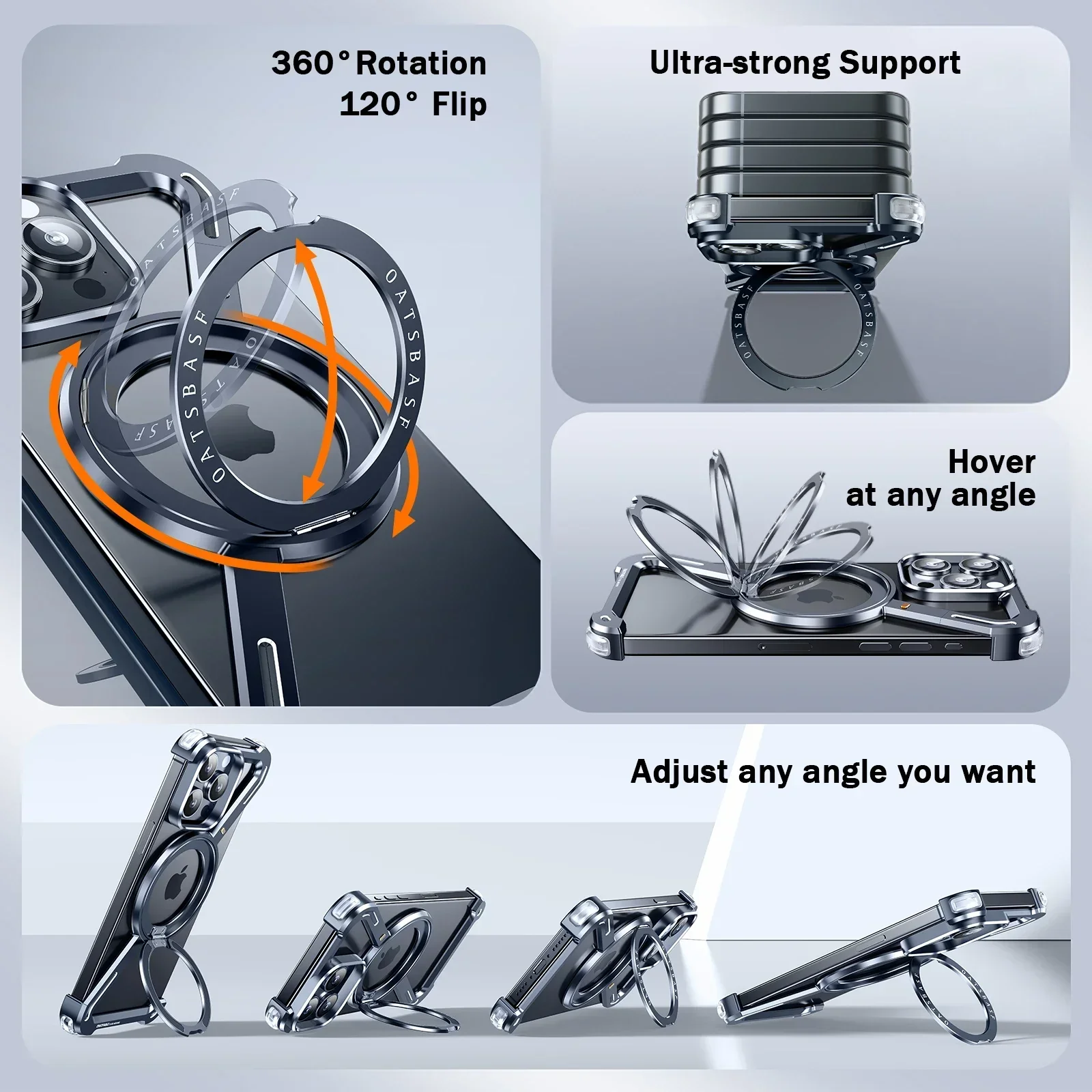 Eary Minimalist Phone Case for iPhone 15/14/13/16 Pro Max with Magsafe 360°Kickstand Aluminum Cover Frameless Protective Shells