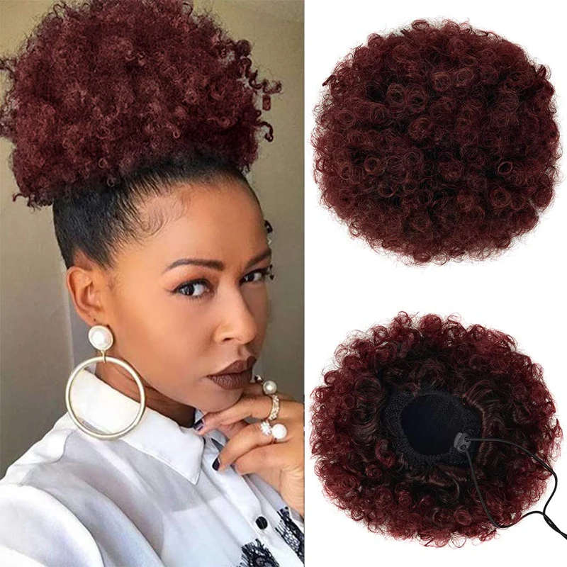 Afro Puff Drawstring Ponytail Human Hair Brazilian Kinky Curly Drawstring Ponytail Afro Puff Bun Chignon Accessories