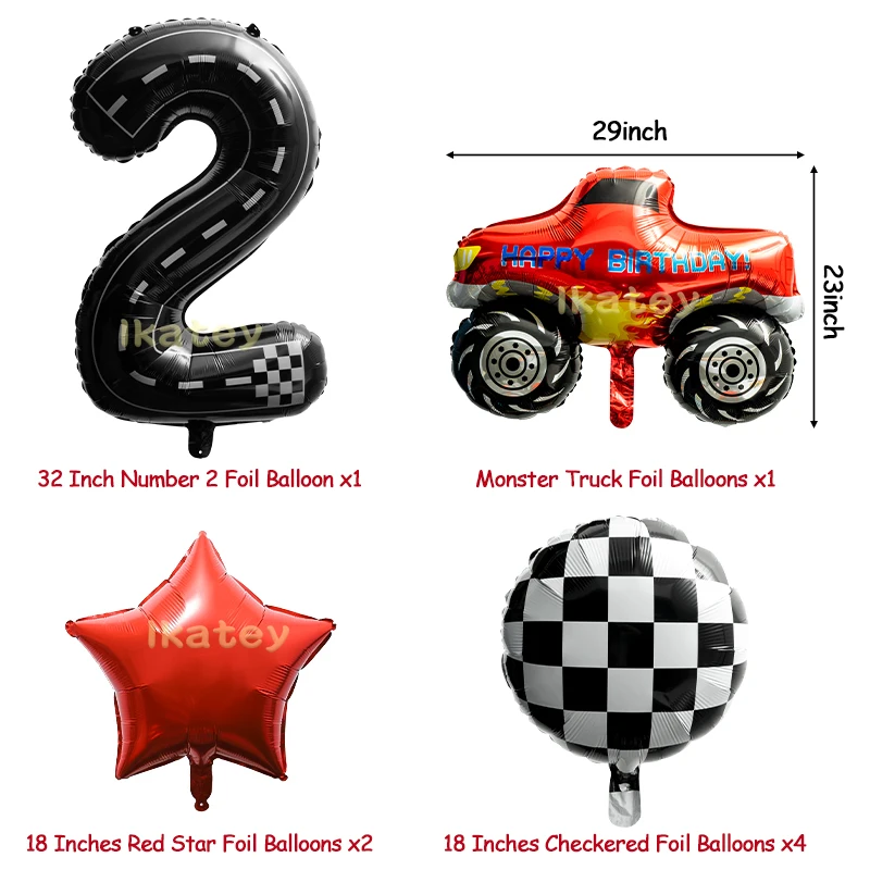 8Pcs Monster Truck Balloons Kit for Kids 2nd Birthday Checkered Star Foil Balloons Number 2 Two Fast Party Decorations Race Fans