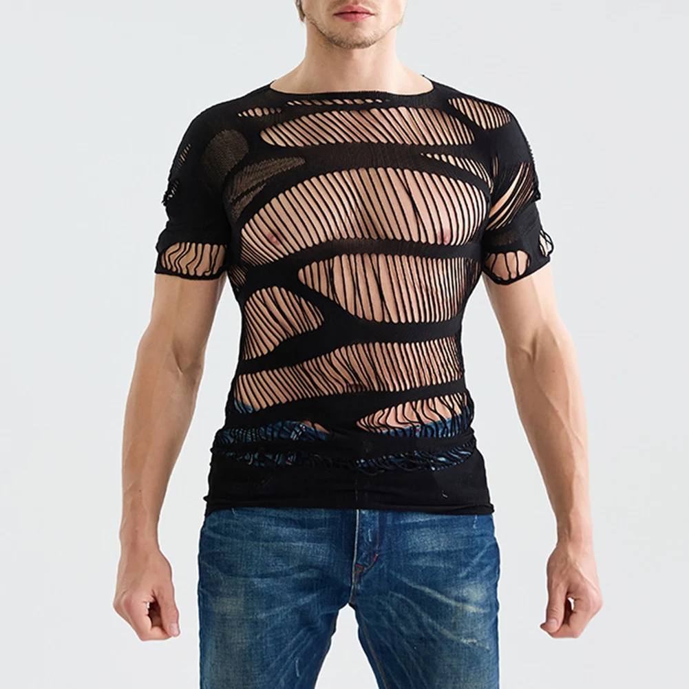 1pc Men Sexy Mesh Sheer Top Short Sleeve Mesh See Through Tops Hollow Out O-neck T-shirts Solid Color Underwear image 3