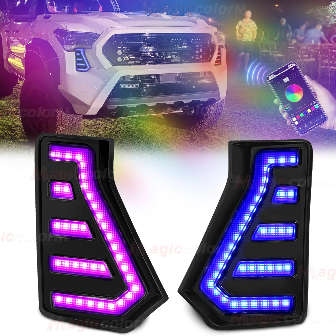 

64 цвета DRL для Toyota Tacoma 2024 2025 светодиодные дневные ходовые огни RGB указатель поворота приложение управление автомобильные аксессуары 12 В