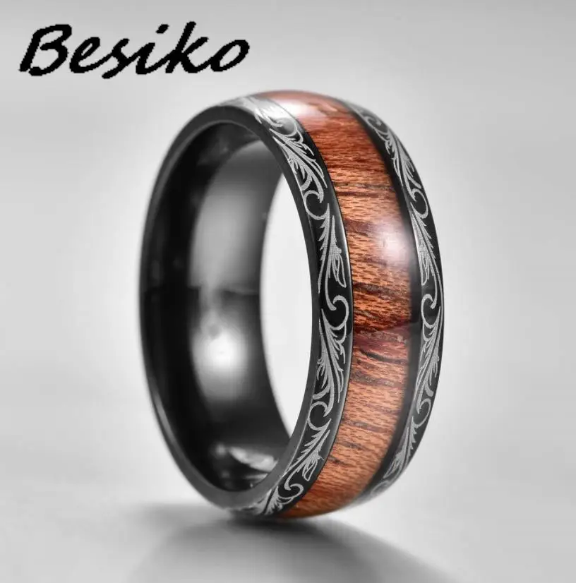 Besiko 8mm New Wood Grain Dragon Pattern Stainless Steel Rings For Women Men 8mm Fashion Couple Ring Jewelry Dropshipping