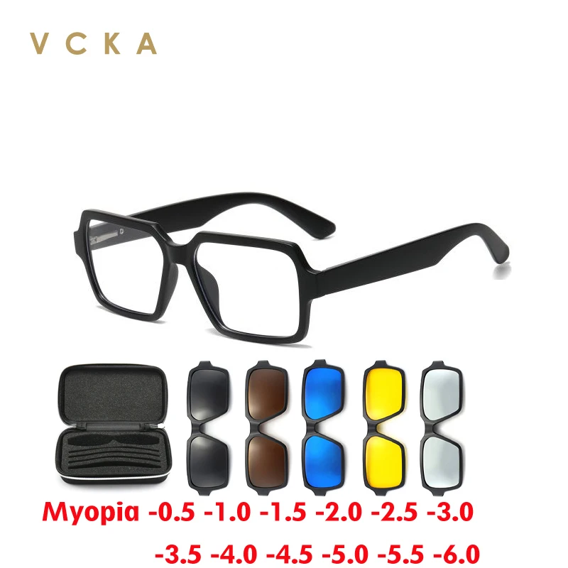 

VCKA 6 in 1 Polygon Myopia Sunglasses Women Men Polarized Magnetic Clip Hyperopia Glasses Custom Prescription Eyewear -1.0~6.0