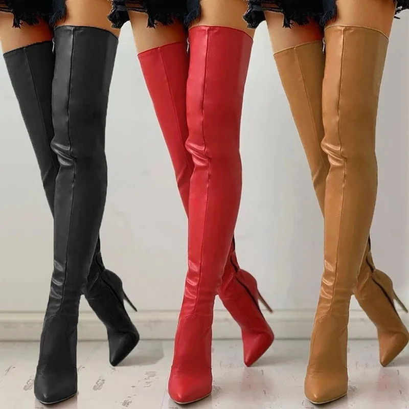 Botas Largas de Tacón Alto por Encima de la Rodilla con Cremallera Lateral, Impermeables, Antideslizantes, Cálidas, con Punta Puntiaguda, Talla Grande, para Mujer, Invierno, Tacones Ultra Altos