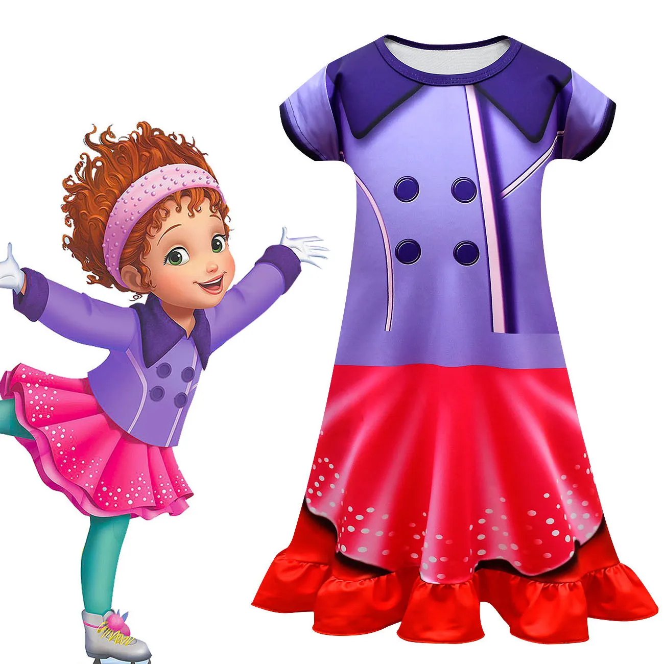 

Kids Anime Cartoon Fancy Nancy Short Sleeves Round Neck Print Purple Dress Outfit for Girls Christmas Halloween Cosplay Costume