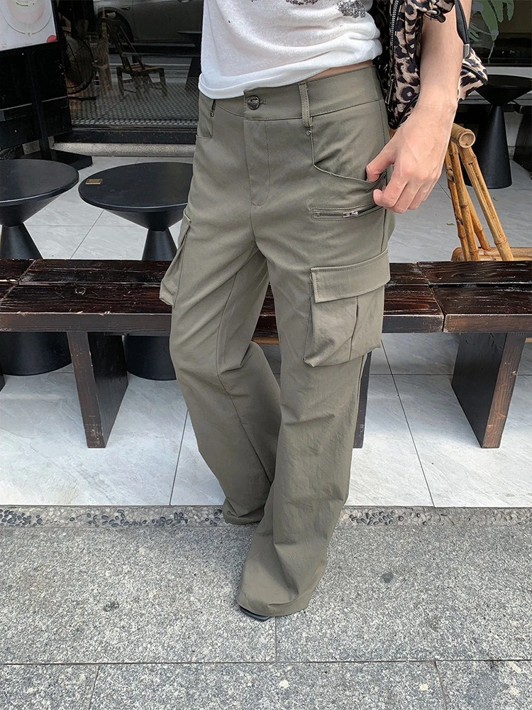 American Retro Cargo Workwear Pants Flared Hem Pants Women Y2k Multi Pocket Pants Wide Leg Casual Denim Trousers Streetwear 2025