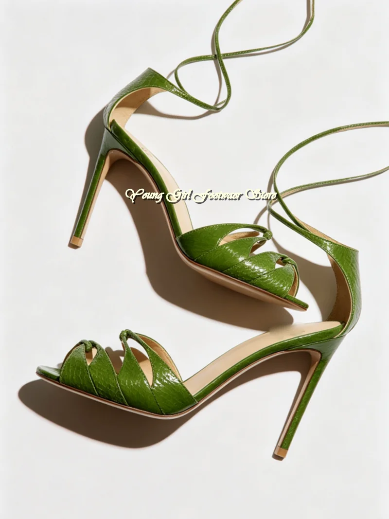 Green Round Head Open Toes Thin Strap Combination Luxury Women's Shoes Instep Hollow Out Ankle Cross Straps Banquet Shoes