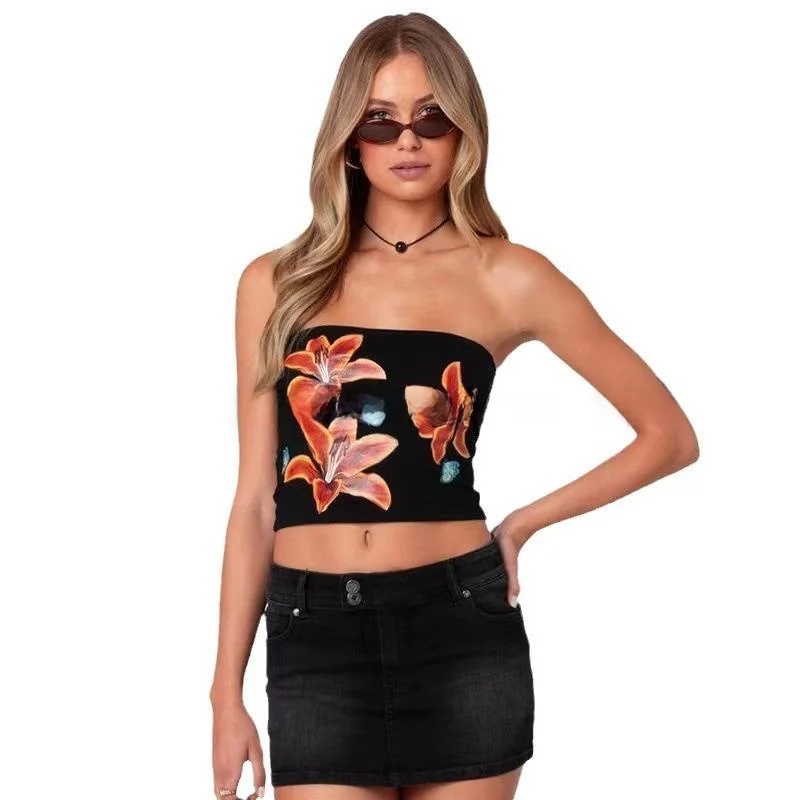 

Printed Patchwork Chest Tight ort Sved irt Women's Faion Spring Season Plant Floral Polyester Fiber 00% Vest Top