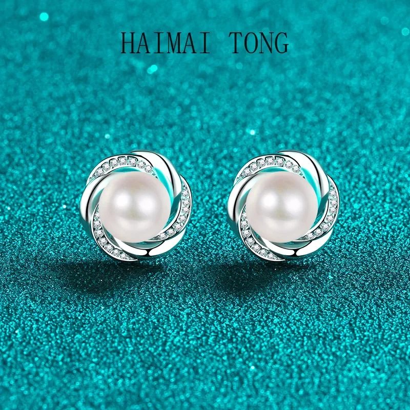 

HAIMAITONG Platinum 950 moissanite ear studs with mica-like mother-of-pearl and freshwater pearls, a pair of small earrings.