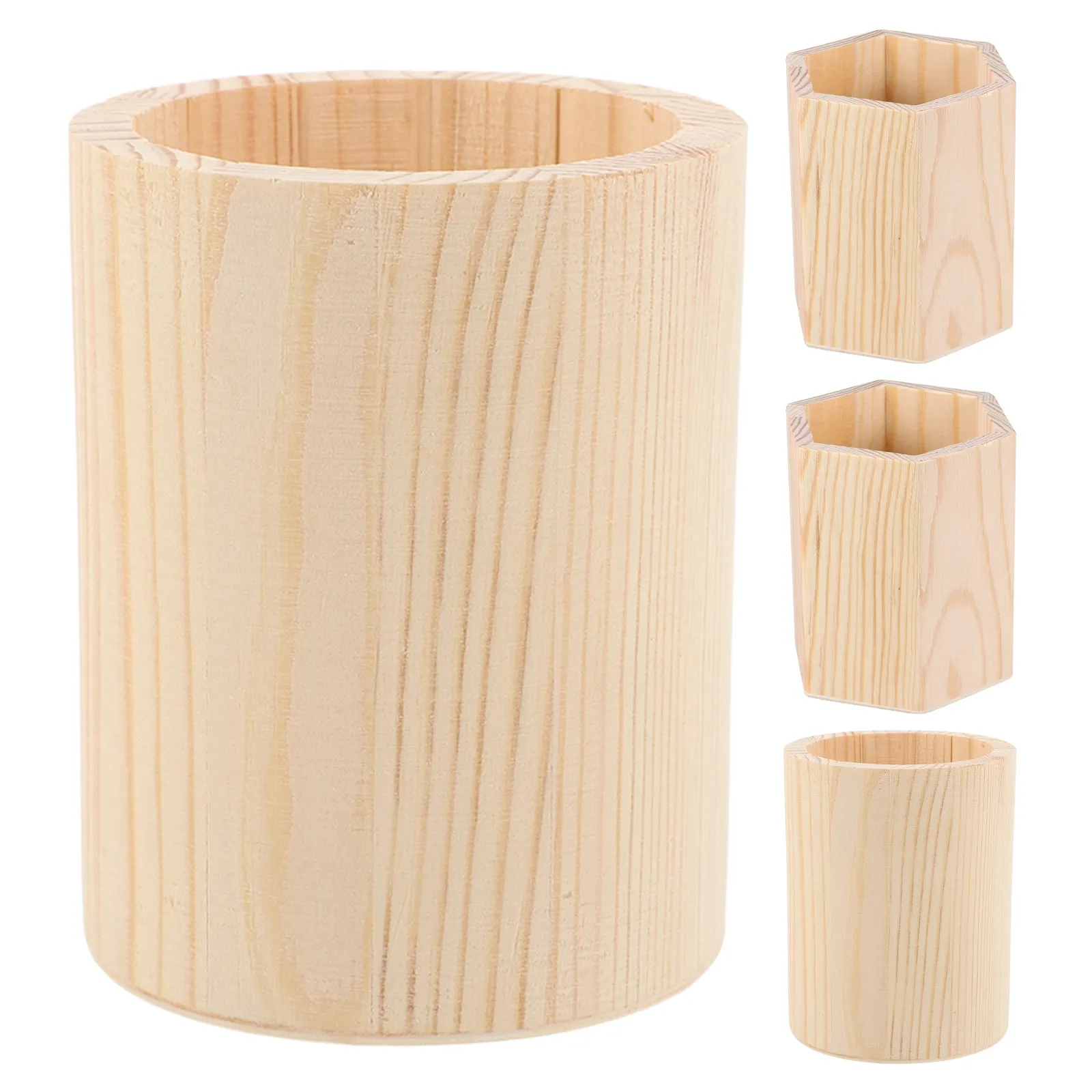 4Pcs Wood Pen Pencil Holder Unfinished Geometric Makeup Organizer Desk Storage Office Essentials Office Desk Pen Holder
