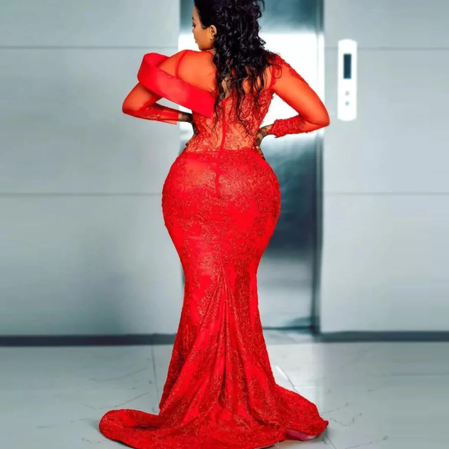 Abiti da sera in pizzo rosso con scollo a barchetta Appliques maniche lunghe abiti da cerimonia convenzionali per donne africane Aso Ebi Prom Dress