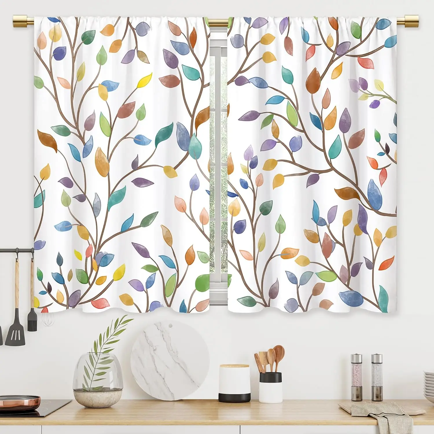 Multicolor Watercolor Branch Leaf Blackout Curtain Plant Pattern Drape For Dining Room Small Apartment Bright Kitchen Window