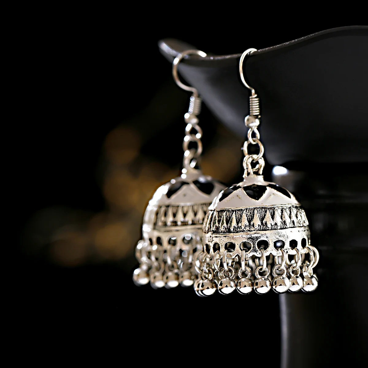 Boho Retro Silver Color Turkish Jhumka Earrings For Women Beaded Tassel Classic Carved Indian Bollywood Bell Earrings Jewelry