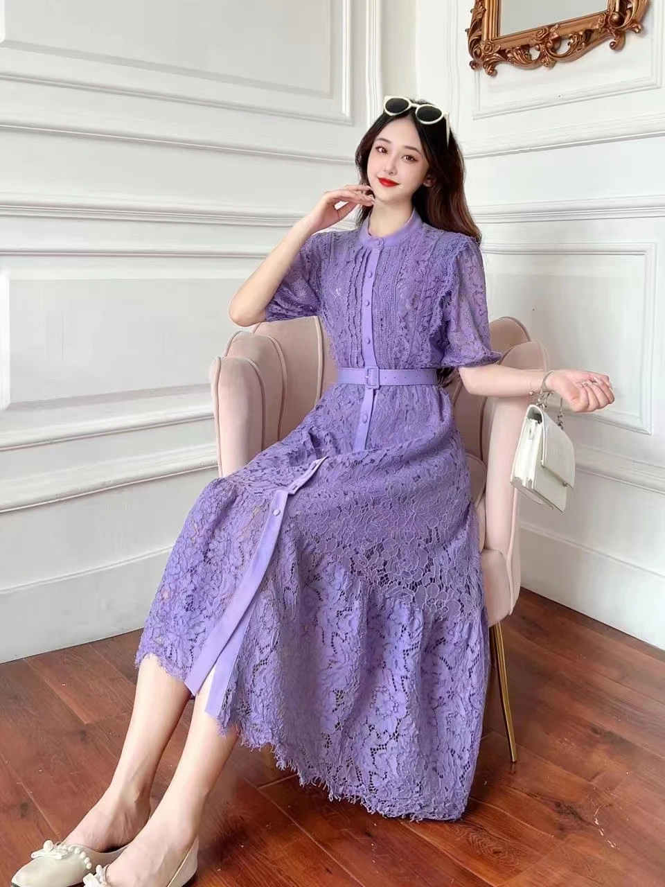 New Summer Women O-Neck Short Sleeve Belt Slim Long Dress High Quality Fashion Patchwork Single Breasted Lace Dress 8 Colors