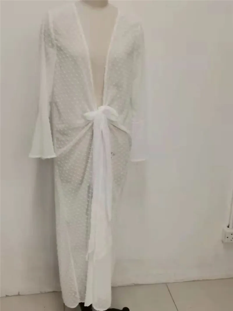 Vestido playero de manga larga para mujer, traje holgado de lunares con cordones, Sexy, transparente, para vacaciones, Verano