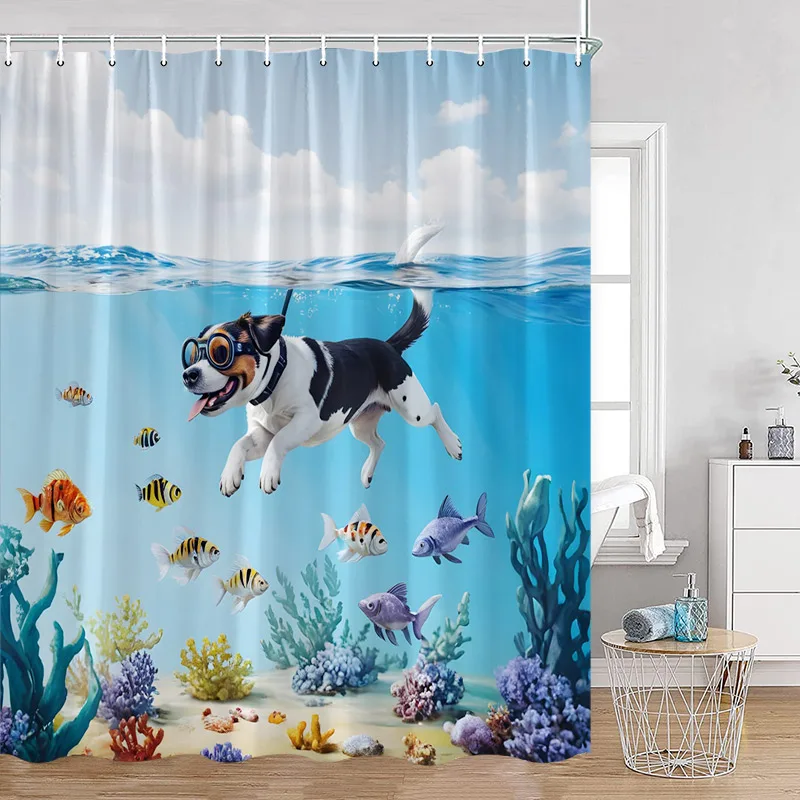 Funny Diving Cat Shower Curtains Undersea Ocean Fish Coral Cute Animals Kids Bath Curtain Fabric Home Bathroom Decor With Hooks