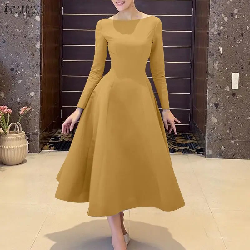ZANZEA Women Elegant Long Dress 2026 Fashion Autumn Long Sleeve Solid Party Wedding Vestidos Casual A-Line Midi Robe Oversized